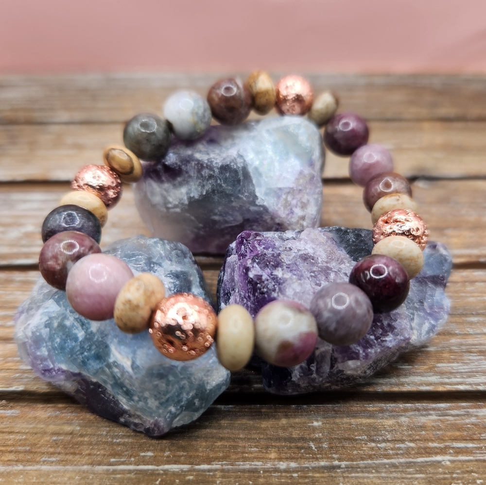 Watetmelon Tourmaline, Picture Jasper, and Lava Rock Beaded Bracelet